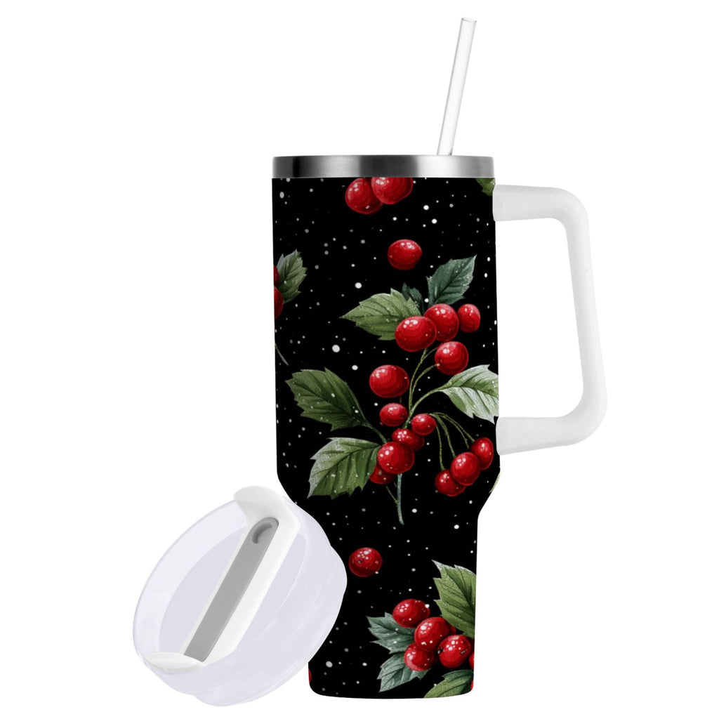 40 oz Insulated Stainless Steel Tumbler Double Wall Stainless Steel Tumbler with 2-Way Drinking Red Holly Berries Pattern Edition-537V