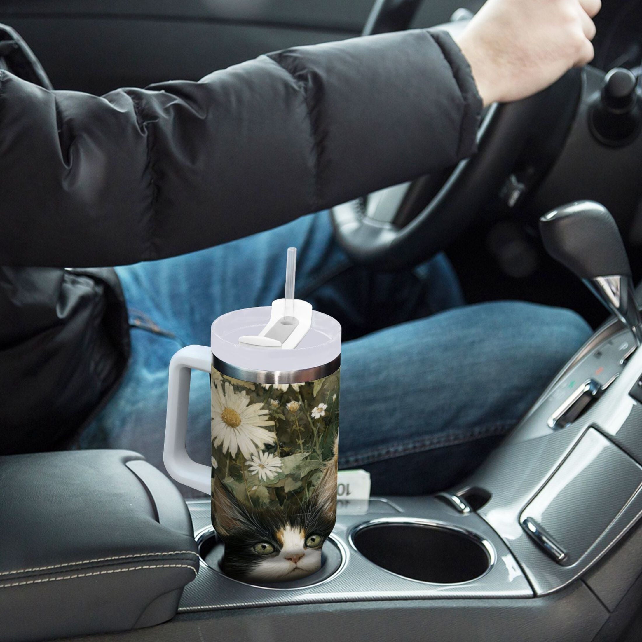 30 oz Insulated Stainless Steel Tumbler Double Wall Stainless Steel Tumbler with 2-Way Drinking Adorable Cats and Daisies Edition-E14Q