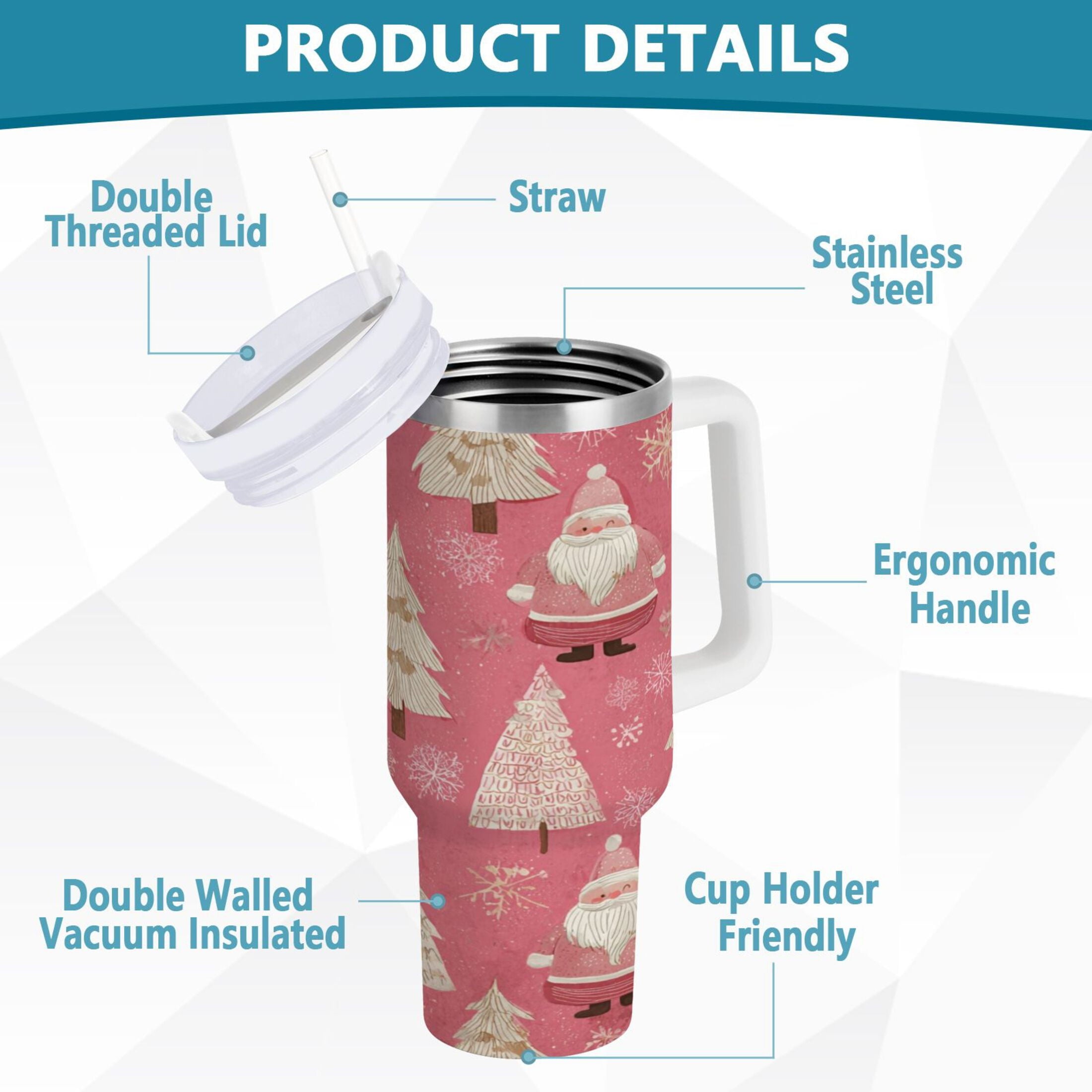 40 oz Insulated Stainless Steel Tumbler Double Wall Stainless Steel Tumbler with 2-Way Drinking Pink Santa Claus Pattern Edition-DOSW