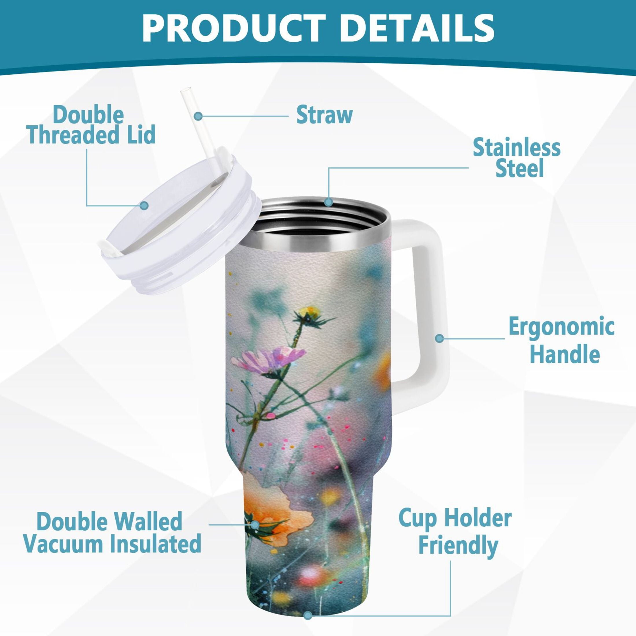 40 oz Insulated Stainless Steel Tumbler Double Wall Stainless Steel Tumbler with 2-Way Drinking Abstract Wildflowers Edition-MI0C