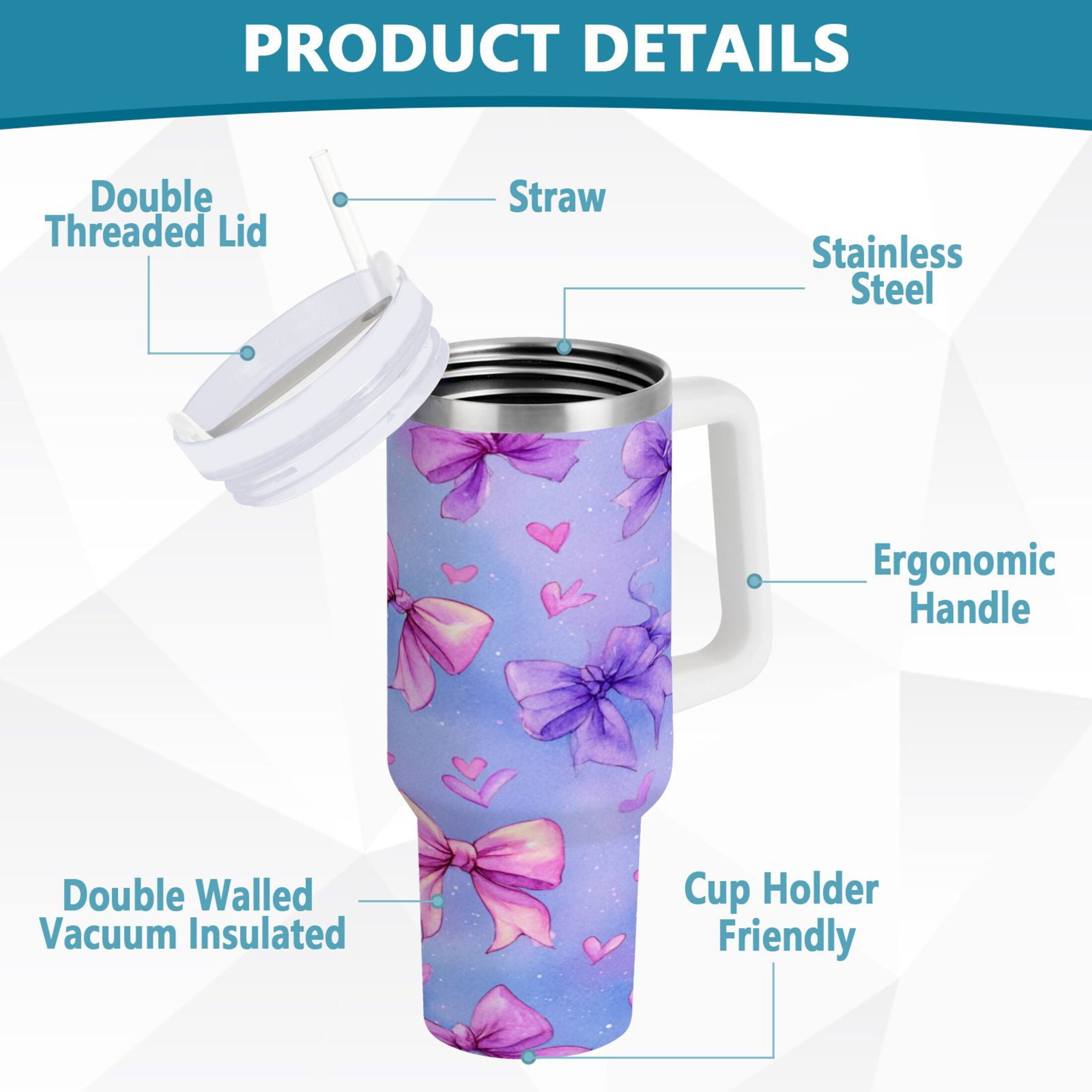 30 oz Insulated Stainless Steel Tumbler Double Wall Stainless Steel Tumbler with 2-Way Drinking Watercolor Bows Pattern Edition-0DEV