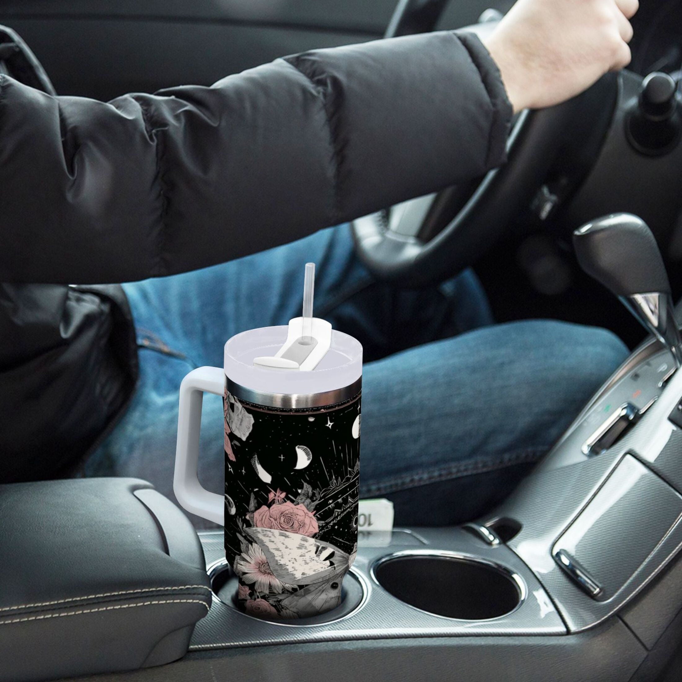 40 oz Insulated Stainless Steel Tumbler Double Wall Stainless Steel Tumbler with 2-Way Drinking Butterfly Surrounded by Flowers Edition-UA75
