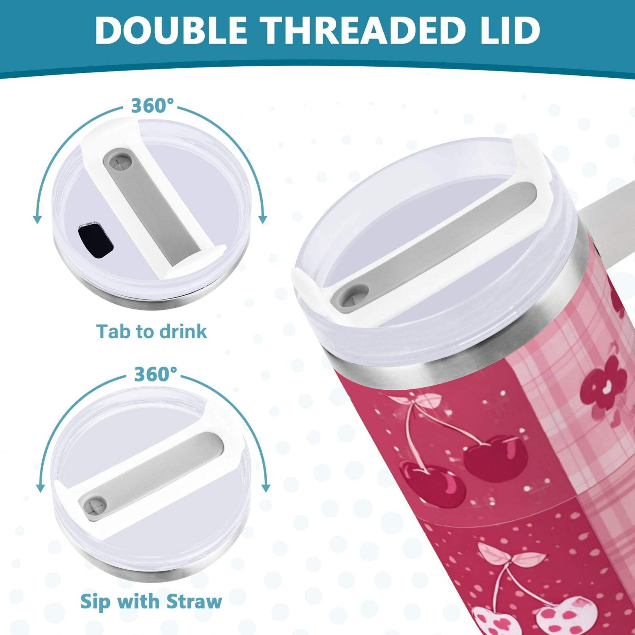 30 oz Insulated Stainless Steel Tumbler Double Wall Stainless Steel Tumbler with 2-Way Drinking Cherry Pattern with Bows Edition-65T1