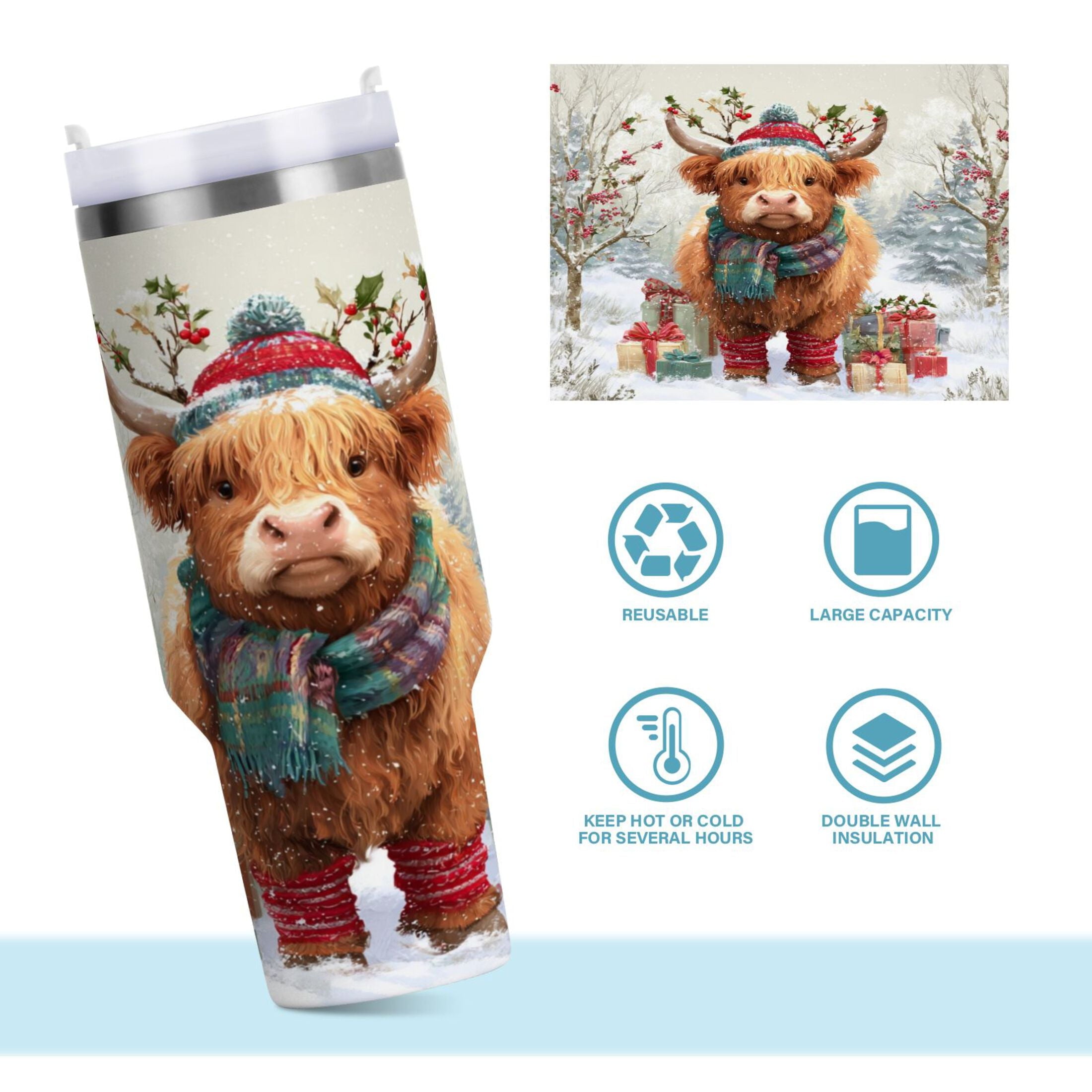 30 oz Insulated Stainless Steel Tumbler Double Wall Stainless Steel Tumbler with 2-Way Drinking Cow Wearing Christmas Hat Edition-6NDO