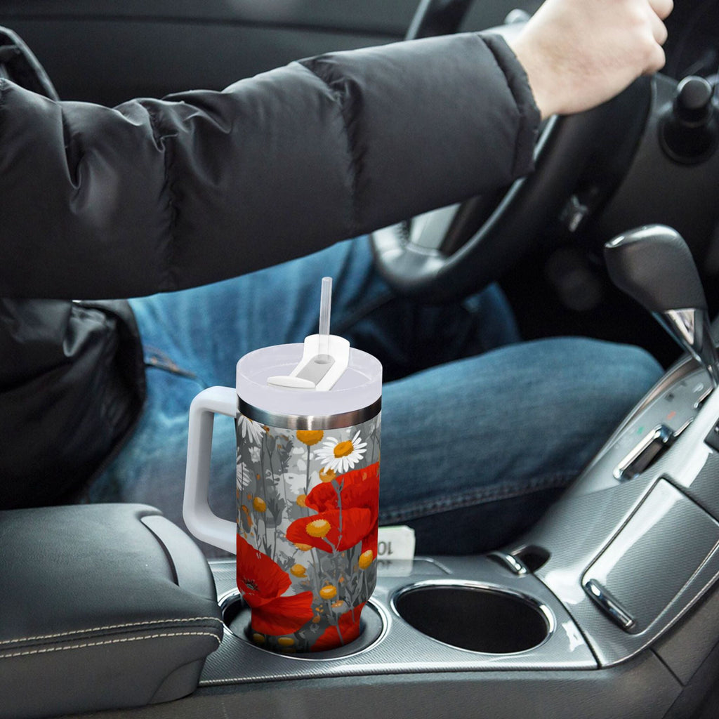40 oz Insulated Stainless Steel Tumbler Double Wall Stainless Steel Tumbler with 2-Way Drinking Red Flowers and Daisies Edition-3930