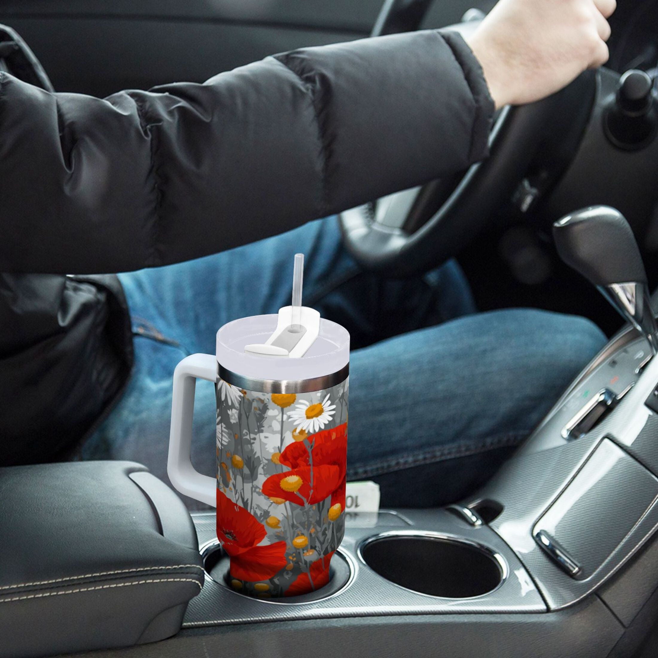 40 oz Insulated Stainless Steel Tumbler Double Wall Stainless Steel Tumbler with 2-Way Drinking Red Flowers and Daisies Edition-3930
