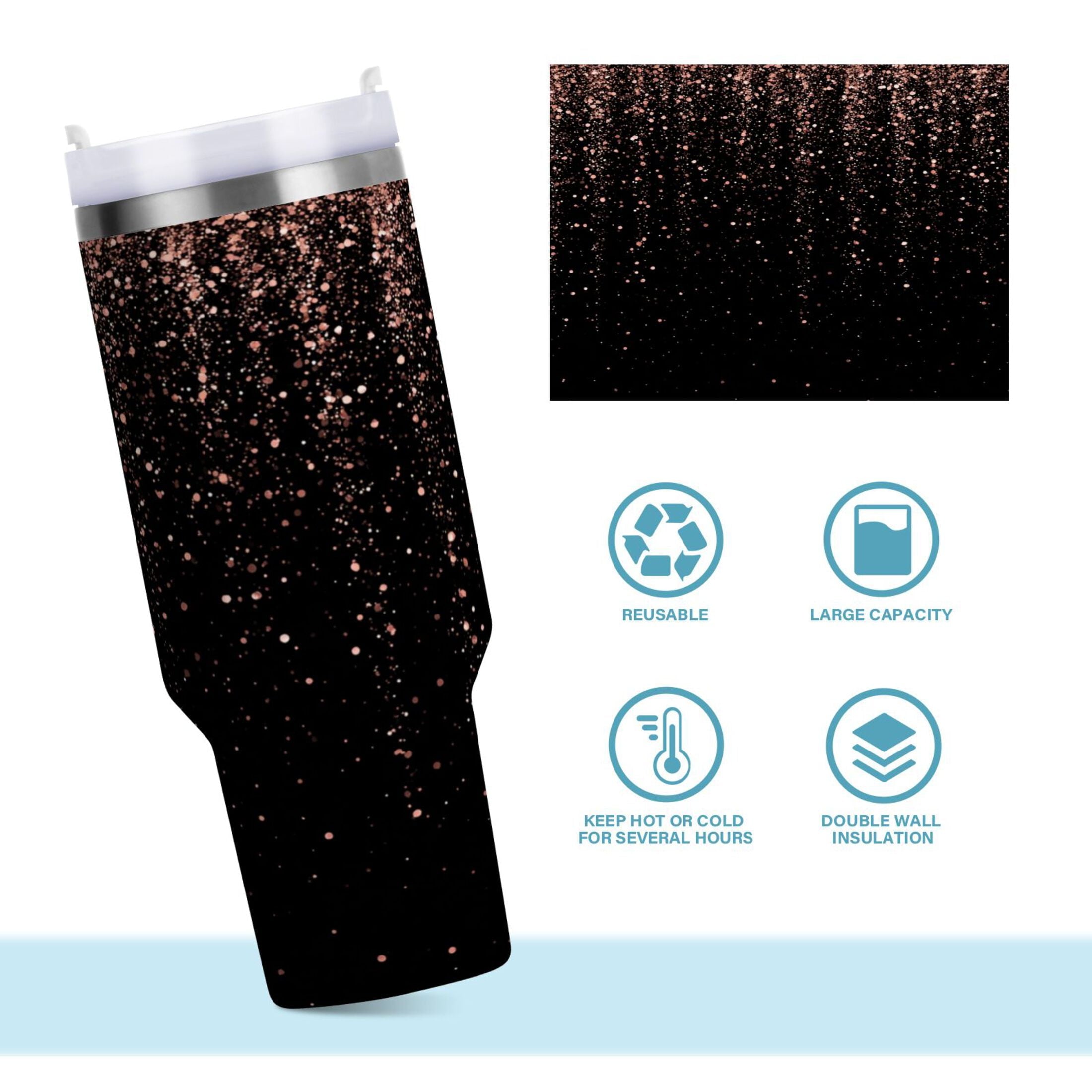 40 oz Insulated Stainless Steel Tumbler Double Wall Stainless Steel Tumbler with 2-Way Drinking Rose Gold Glitter Edition-6OMJ